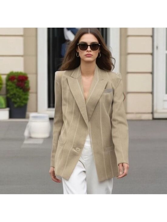 Tahari Jackets & Blazers - 80s TAHARI LINEN NEUTRAL & WHITE STRIPE BOXY ONE BUTTON BLAZER QUIET LUXURY SZ 8